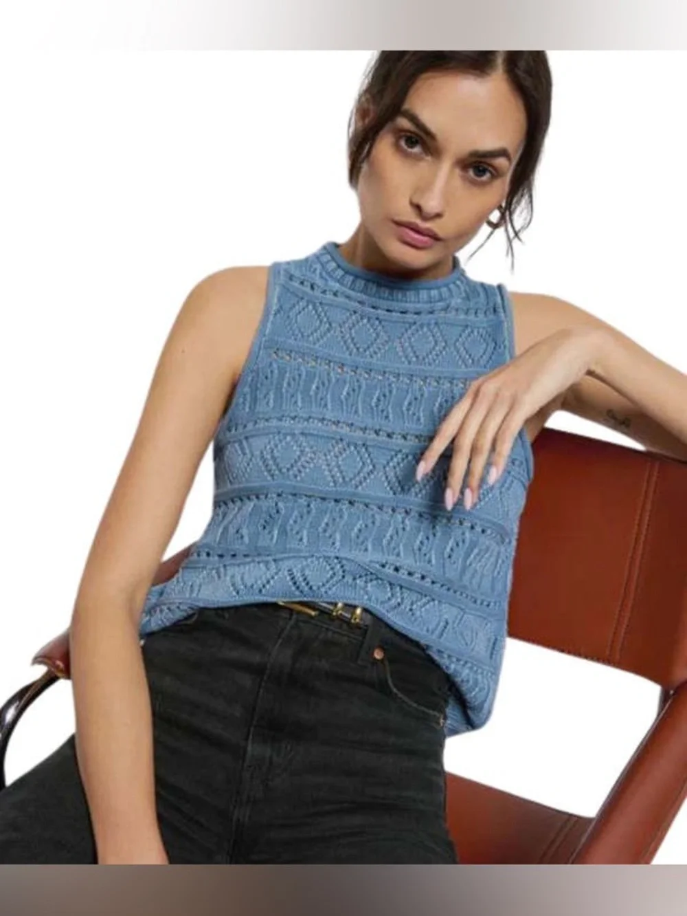 Nation LTD Lina Pointelle Sleeveless Sweater Vest Faded Denim Size M - Picture 2 of 10